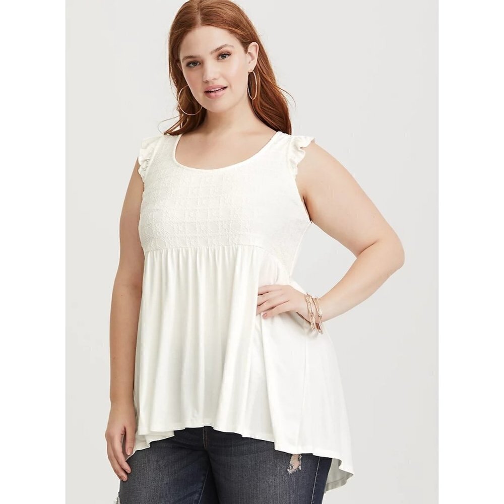 Torrid White‎ Super Soft Scoop Neck Lace Yoke Babydoll Short Sleeve Top 0
